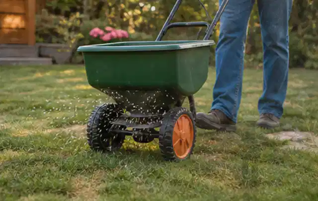 Person verteilt Rasensamen mit einem Streuwagen auf einer lückigen Fläche; Thema Stihl iMow, Schwerpunkt Mähroboter; Ergebnis.