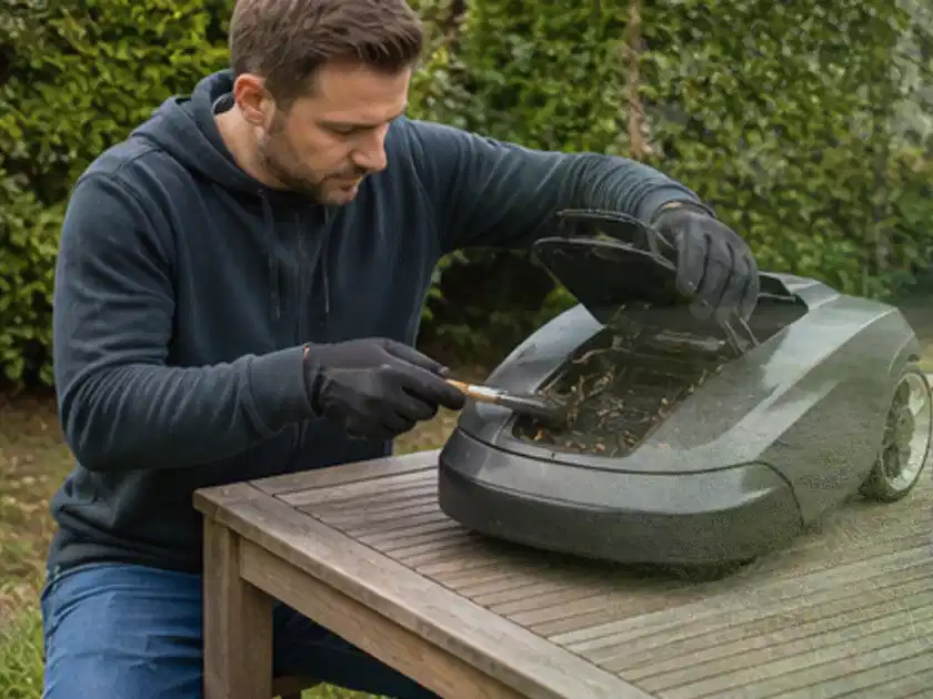 Person wartet einen geöffneten Mähroboter auf einem stabilen Gartentisch; Thema Stihl iMow, Schwerpunkt Reparatur; Titelbild.