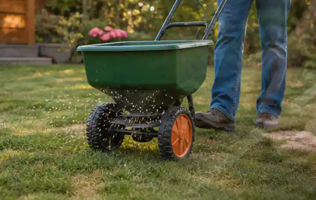Person verteilt Rasensamen mit einem Streuwagen auf einer lückigen Fläche; Thema Stihl iMow, Schwerpunkt Reparatur; Ergebnis.