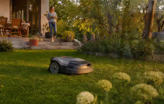 Mähroboter fährt am Abend über einen Rasen im Familiengarten; Thema Stihl iMow, Schwerpunkt Reparatur; Praxisalltag.