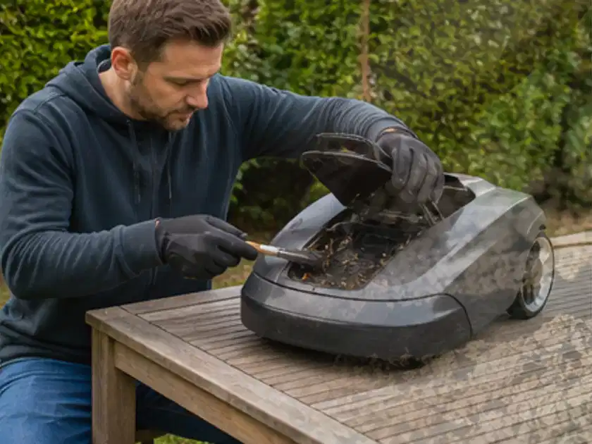 Person wartet einen geöffneten Mähroboter auf einem stabilen Gartentisch; Thema Stihl iMow, Schwerpunkt Sicherheit; Titelbild.