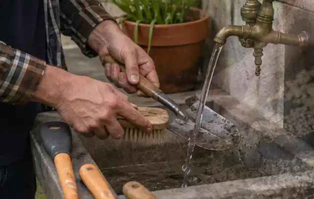 Hände reinigen gebrauchte Gartengeräte mit Bürste und Wasser am Außenbecken; Thema Stihl iMow, Schwerpunkt Sicherheit; Ausgangslage.