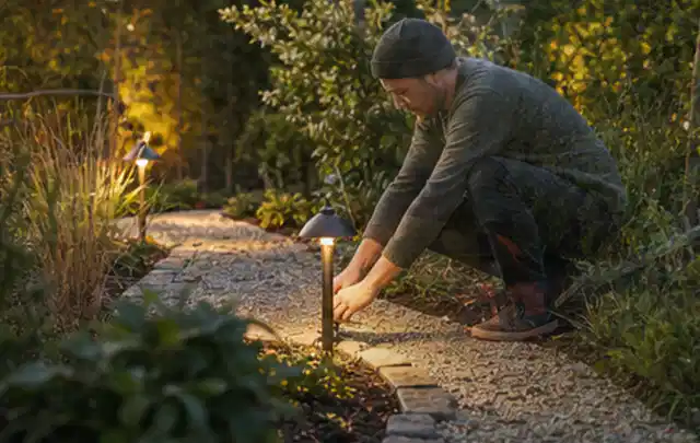 Person richtet eine niedrige warm leuchtende Gartenlampe am Kiesweg aus; Thema Stihl iMow, Schwerpunkt Systemvergleich; Umsetzung.