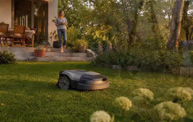 Mähroboter fährt am Abend über einen Rasen im Familiengarten; Thema Stihl iMow, Schwerpunkt Systemvergleich; Ergebnis.