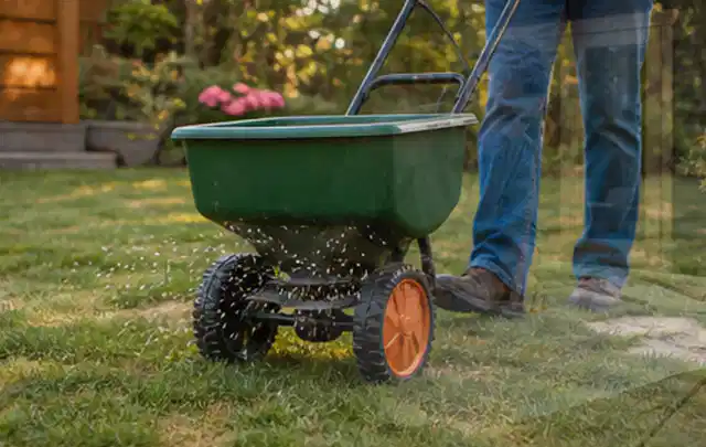 Person verteilt Rasensamen mit einem Streuwagen auf einer lückigen Fläche; Thema Stihl iMow, Schwerpunkt Systemvergleich; Praxisalltag.
