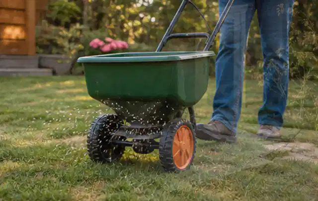 Person verteilt Rasensamen mit einem Streuwagen auf einer lückigen Fläche; Thema Stihl iMow, Schwerpunkt Testkriterien; Ausgangslage.