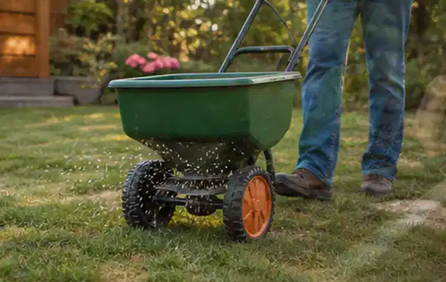 Person verteilt Rasensamen mit einem Streuwagen auf einer lückigen Fläche; Thema Stihl iMow, Schwerpunkt Vergleich; Ergebnis.