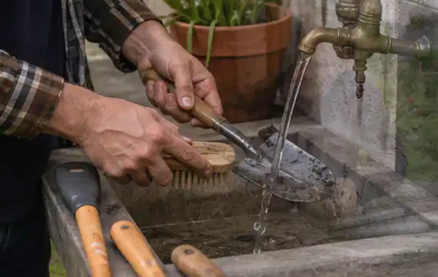 Hände reinigen gebrauchte Gartengeräte mit Bürste und Wasser am Außenbecken; Thema Stihl iMow, Schwerpunkt Wartung; Ausgangslage.