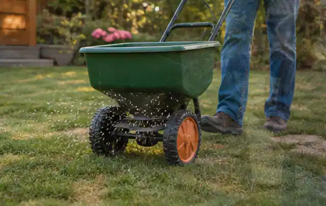 Person verteilt Rasensamen mit einem Streuwagen auf einer lückigen Fläche; Thema Stihl iMow, Schwerpunkt Wartung; Umsetzung.