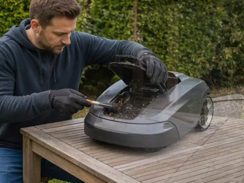 Person wartet einen geöffneten Mähroboter auf einem stabilen Gartentisch; Thema Stihl iMow, Schwerpunkt Winterlager; Titelbild.