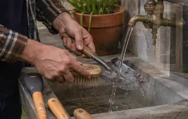 Hände reinigen gebrauchte Gartengeräte mit Bürste und Wasser am Außenbecken; Thema Stihl iMow, Schwerpunkt Winterlager; Ausgangslage.
