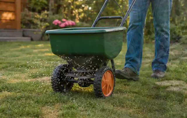 Person verteilt Rasensamen mit einem Streuwagen auf einer lückigen Fläche; Thema Stihl iMow, Schwerpunkt Winterlager; Umsetzung.