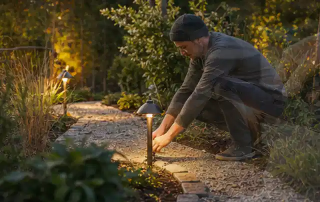 Person richtet eine niedrige warm leuchtende Gartenlampe am Kiesweg aus; Thema Stihl iMow, Schwerpunkt Winterlager; Kontrolle.