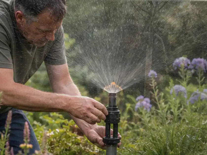 Person richtet einen laufenden Gartensprenger zwischen Stauden präzise aus; Thema Sukkulenten, Schwerpunkt Bewässerung; Titelbild.