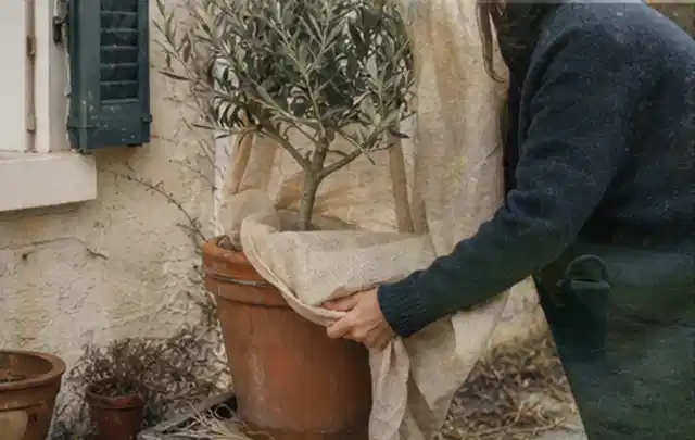 Person umhüllt eine mediterrane Kübelpflanze mit atmungsaktivem Winterschutz; Thema Sukkulenten, Schwerpunkt Bewässerung; Ausgangslage.