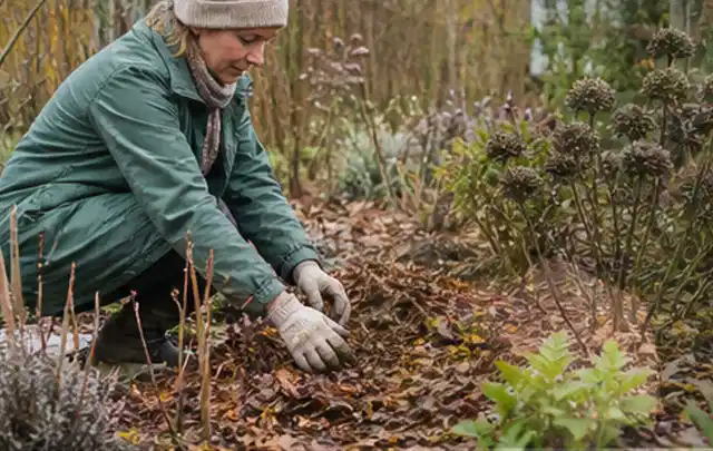 Person verteilt eine schützende Mulchschicht zwischen winterlichen Stauden; Thema Sukkulenten, Schwerpunkt Bewässerung; Kontrolle.