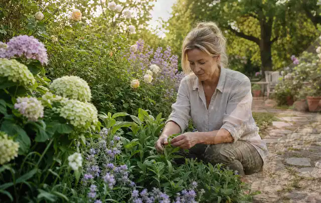 Person pflegt üppige Pflanzen in einem natürlich beleuchteten Garten; Thema Sukkulenten, Schwerpunkt Bewässerung; Praxisalltag.