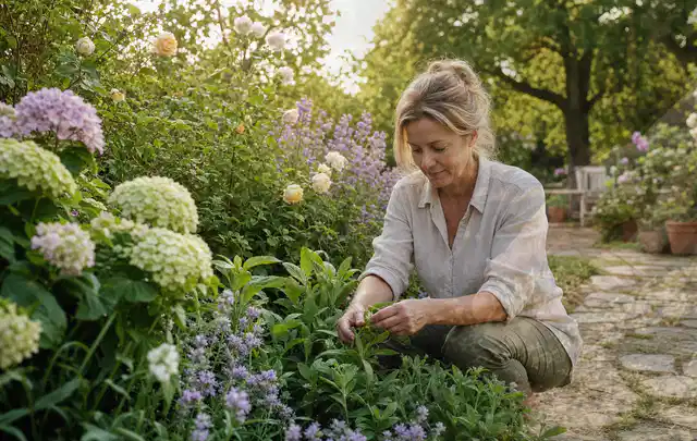 Person pflegt üppige Pflanzen in einem natürlich beleuchteten Garten; Thema Sukkulenten, Schwerpunkt Einsteigerwissen; Kontrolle.