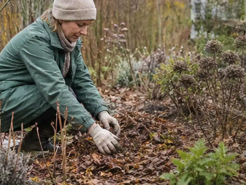 Person verteilt eine schützende Mulchschicht zwischen winterlichen Stauden; Thema Sukkulenten, Schwerpunkt Fehlerhilfe; Titelbild.