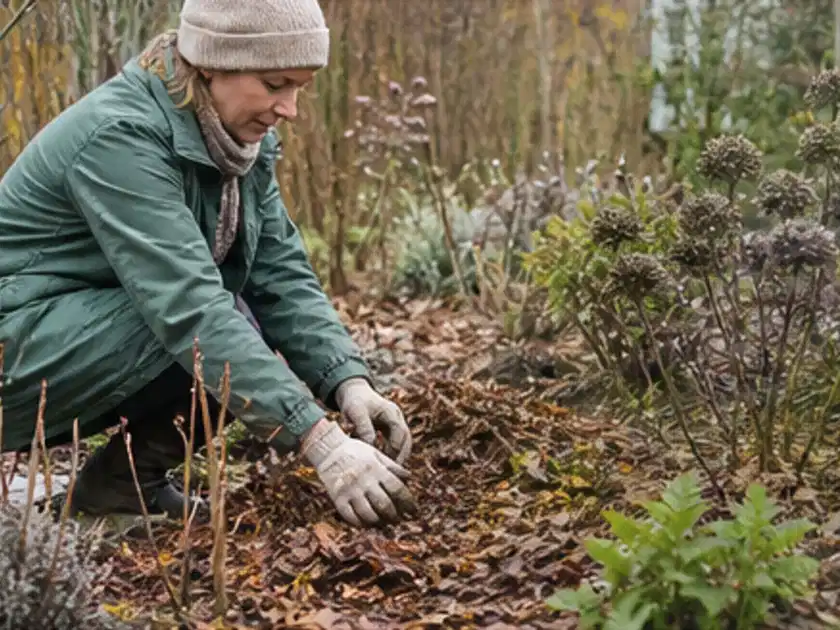 Person verteilt eine schützende Mulchschicht zwischen winterlichen Stauden; Thema Sukkulenten, Schwerpunkt Gartenpraxis; Titelbild.