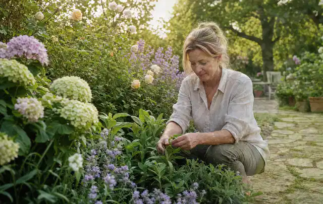 Person pflegt üppige Pflanzen in einem natürlich beleuchteten Garten; Thema Sukkulenten, Schwerpunkt Gartenpraxis; Praxisalltag.