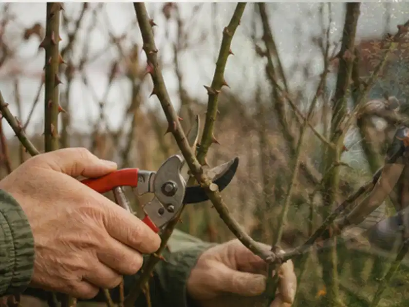 Hände schneiden einen älteren Rosenstrauch mit einer sauberen Gartenschere; Thema Sukkulenten, Schwerpunkt Jahrespflege; Titelbild.