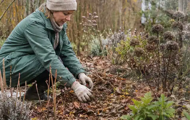 Person verteilt eine schützende Mulchschicht zwischen winterlichen Stauden; Thema Sukkulenten, Schwerpunkt Jahrespflege; Umsetzung.