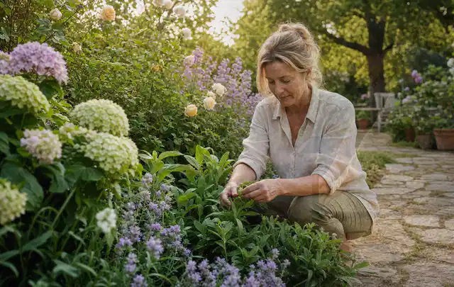 Person pflegt üppige Pflanzen in einem natürlich beleuchteten Garten; Thema Sukkulenten, Schwerpunkt Kaufberatung; Ausgangslage.