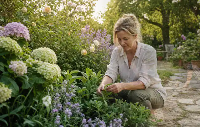 Person pflegt üppige Pflanzen in einem natürlich beleuchteten Garten; Thema Sukkulenten, Schwerpunkt Rückschnitt; Kontrolle.