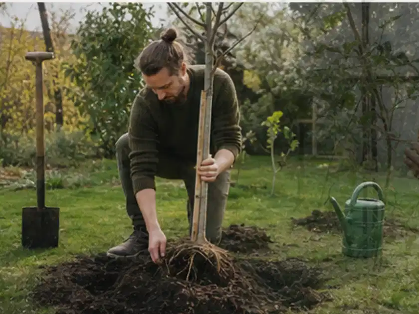 Person setzt einen jungen Zierbaum in ein vorbereitetes Pflanzloch im Garten; Thema Sukkulenten, Schwerpunkt Sortenwahl; Titelbild.