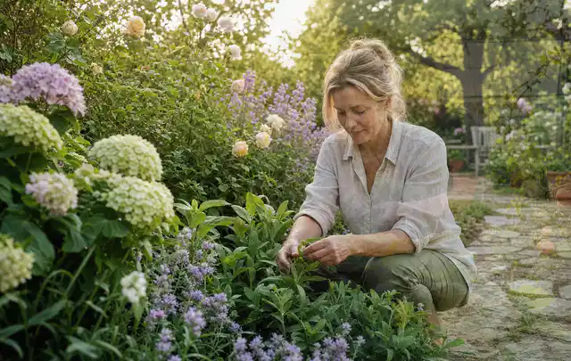 Person pflegt üppige Pflanzen in einem natürlich beleuchteten Garten; Thema Sukkulenten, Schwerpunkt Sortenwahl; Ergebnis.