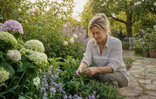 Person pflegt üppige Pflanzen in einem natürlich beleuchteten Garten; Thema Sukkulenten, Schwerpunkt Wachstum; Ausgangslage.