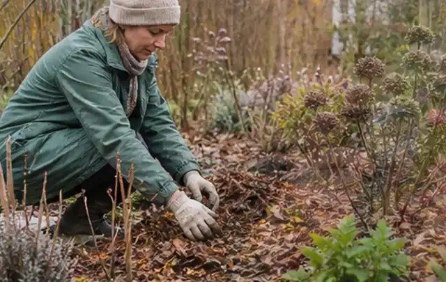 Person verteilt eine schützende Mulchschicht zwischen winterlichen Stauden; Thema Sukkulenten, Schwerpunkt Winterpflege; Ausgangslage.