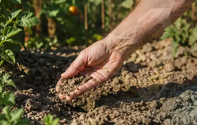 Hand prüft trockene krümelige Gartenerde während einer warmen Sommerphase; Thema Systeme, Schwerpunkt Bewässerung; Umsetzung.