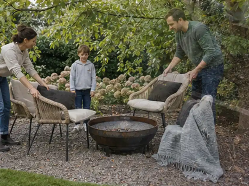 Familie stellt wetterfeste Sessel an einem geschützten Sitzplatz im Garten auf; Thema Terrasse, Schwerpunkt Anleitung; Titelbild.