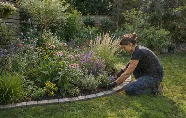 Person pflegt die klare Kante eines geschwungenen blühenden Staudenbeets; Thema Terrasse, Schwerpunkt Anleitung; Kontrolle.