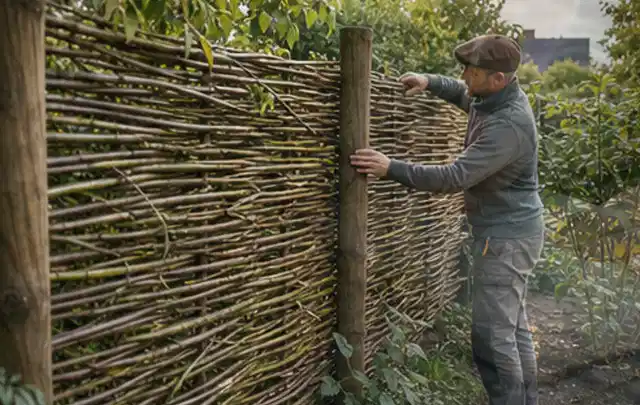 Person befestigt geflochtene Weidenruten an stabilen Holzpfosten im Garten; Thema Terrasse, Schwerpunkt Anleitung; Ergebnis.
