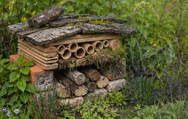 Naturnaher Unterschlupf aus Holz Rinde und Pflanzenstängeln im Garten; Thema Terrasse, Schwerpunkt Anleitung; Praxisalltag.