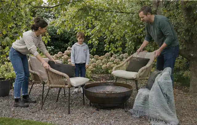 Familie stellt wetterfeste Sessel an einem geschützten Sitzplatz im Garten auf; Thema Terrasse, Schwerpunkt Beleuchtung; Umsetzung.