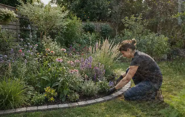 Person pflegt die klare Kante eines geschwungenen blühenden Staudenbeets; Thema Terrasse, Schwerpunkt Beleuchtung; Ergebnis.