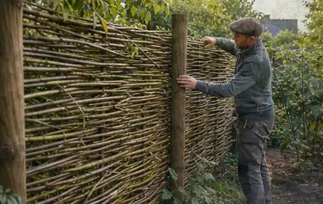 Person befestigt geflochtene Weidenruten an stabilen Holzpfosten im Garten; Thema Terrasse, Schwerpunkt Beleuchtung; Praxisalltag.