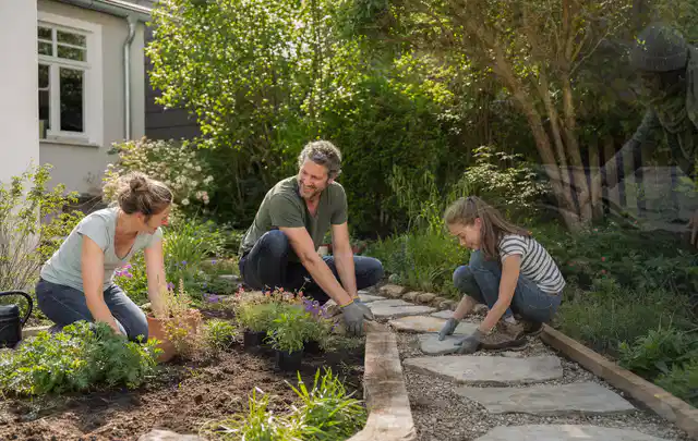 Familie geht auf einem Weg durch einen abwechslungsreich gestalteten Garten; Thema Terrasse, Schwerpunkt Bepflanzung; Ausgangslage.