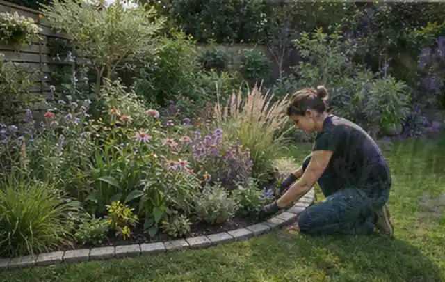 Person pflegt die klare Kante eines geschwungenen blühenden Staudenbeets; Thema Terrasse, Schwerpunkt Bepflanzung; Umsetzung.