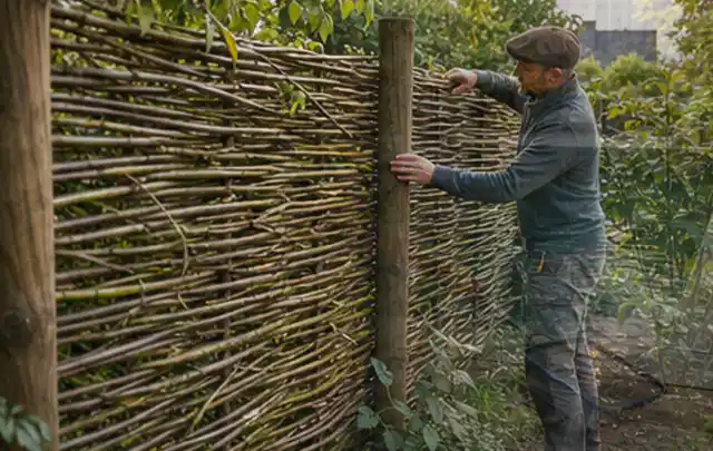 Person befestigt geflochtene Weidenruten an stabilen Holzpfosten im Garten; Thema Terrasse, Schwerpunkt Bepflanzung; Kontrolle.
