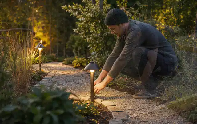 Person richtet eine niedrige warm leuchtende Gartenlampe am Kiesweg aus; Thema Terrasse, Schwerpunkt Checkliste; Ausgangslage.