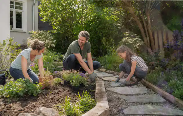 Familie geht auf einem Weg durch einen abwechslungsreich gestalteten Garten; Thema Terrasse, Schwerpunkt Checkliste; Ergebnis.