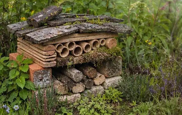 Naturnaher Unterschlupf aus Holz Rinde und Pflanzenstängeln im Garten; Thema Terrasse, Schwerpunkt Checkliste; Praxisalltag.