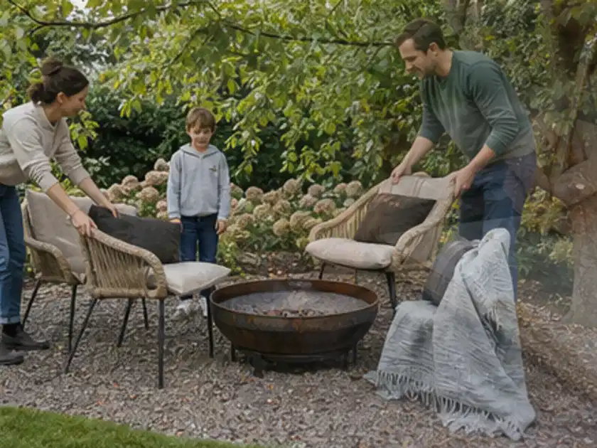 Familie stellt wetterfeste Sessel an einem geschützten Sitzplatz im Garten auf; Thema Terrasse, Schwerpunkt Fehlerhilfe; Titelbild.