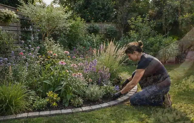 Person pflegt die klare Kante eines geschwungenen blühenden Staudenbeets; Thema Terrasse, Schwerpunkt Fehlerhilfe; Umsetzung.
