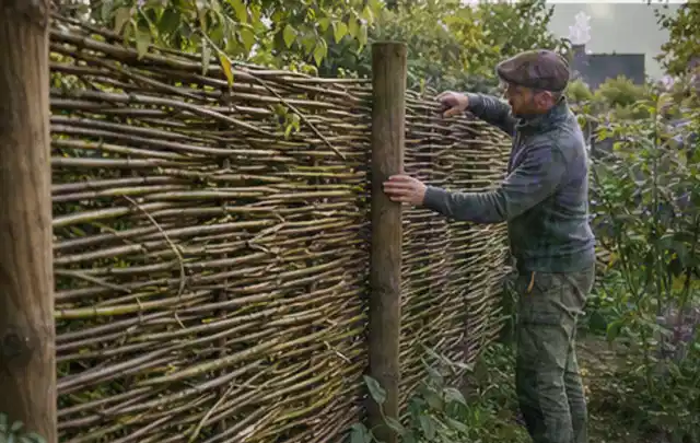 Person befestigt geflochtene Weidenruten an stabilen Holzpfosten im Garten; Thema Terrasse, Schwerpunkt Fehlerhilfe; Praxisalltag.